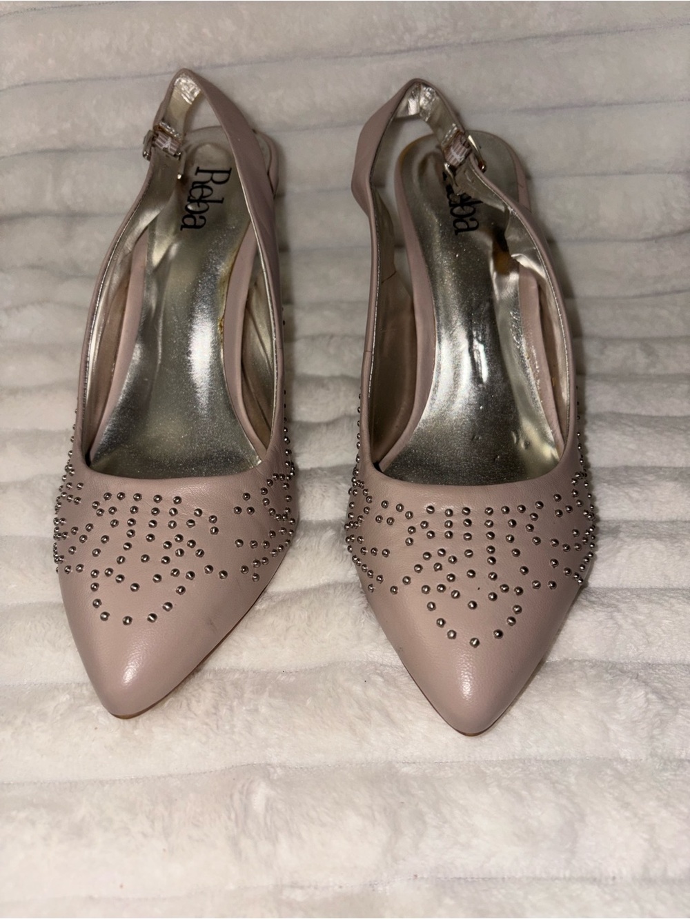 Reba Pink Studded Pointed-Toe Slingback Heels 8M